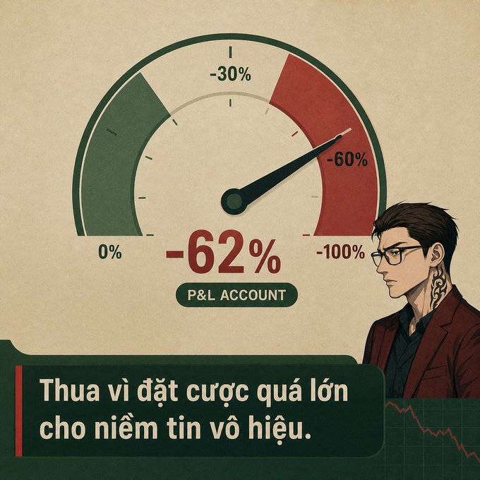 A graphic depicting a -62% loss on a 'P&L Account' gauge with a suited man, accompanied by the Vietnamese text 'Thua vì đặt cược quá lớn cho niềm tin vô hiệu.'