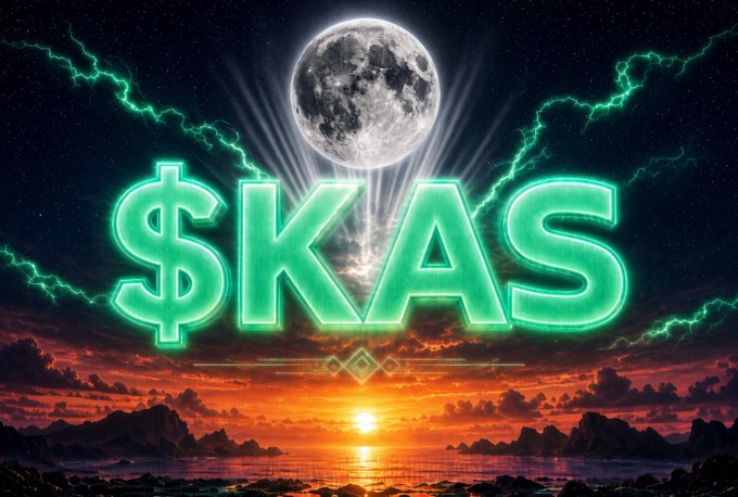 A dramatic digital artwork featuring the text '$KAS' in glowing teal letters, set against a vivid sunset landscape with a large full moon and teal lightning bolts streaking across the night sky.