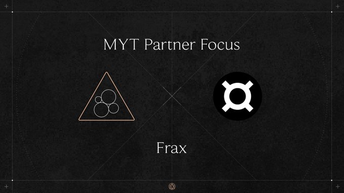 The image features a black background with white text that reads "MYT Partner Focus" at the top, followed by "Frax" below it. The text also includes an image of a triangle and a circle, which are symbols often associated with cryptocurrency logos or projects. The caption in the image explains that the post is about a new project called "Frax", which is related to cryptocurrency trading.