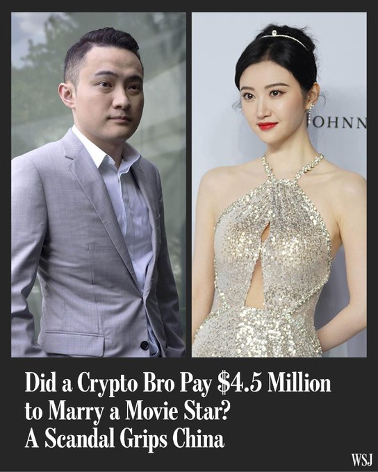 WSJ article thumbnail reading 'Did a Crypto Bro Pay $4.5 Million to Marry a Movie Star? A Scandal Grips China,' featuring photos of a man in a gray suit and a woman in a sparkly silver gown.