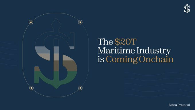 A promotional graphic featuring the Ethra Protocol logo and dollar symbol on a dark navy background, with the headline "The $20T Maritime Industry is Coming Onchain" displayed in white and gold text.

The image supports the post by illustrating that RWA tokenization extends beyond financial instruments like treasuries—showcasing Ethra Protocol's effort to bring the much larger $20 trillion maritime industry onchain, highlighting how different RWA projects target vastly different sectors.