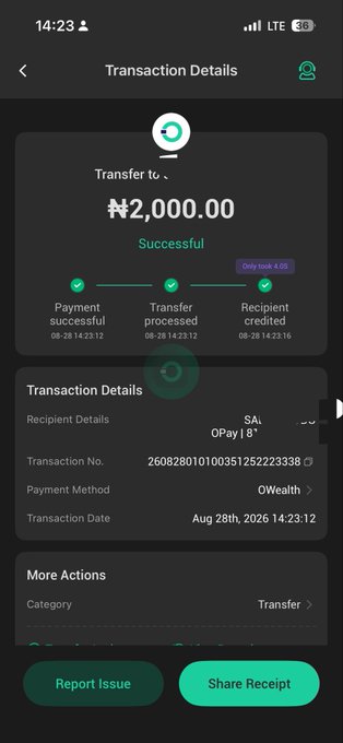 The image shows a mobile transaction details screen confirming a successful ₦2,000.00 transfer, with all three processing steps (payment, transfer, and recipient credit) marked complete. The transaction was sent via OWealth to recipient "SAl OPay" on August 28th, 2026. It likely serves as proof of the user's P2P payment, supporting the giveaway promotion mentioned in the caption.