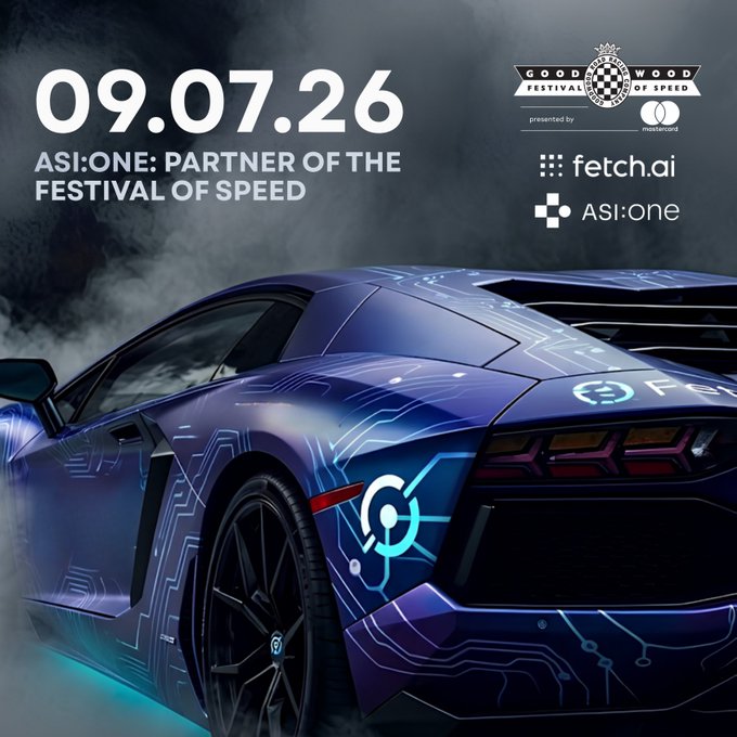A promotional graphic featuring a sleek blue sports car with circuit-board style graphics displays "09.07.26" and "ASI:ONE: PARTNER OF THE FESTIVAL OF SPEED," alongside the Goodwood Festival of Speed presented by Mastercard logo and branding for fetch.ai and ASI:One, announcing ASI:One's role as an official partner bringing Agentic AI to the event.