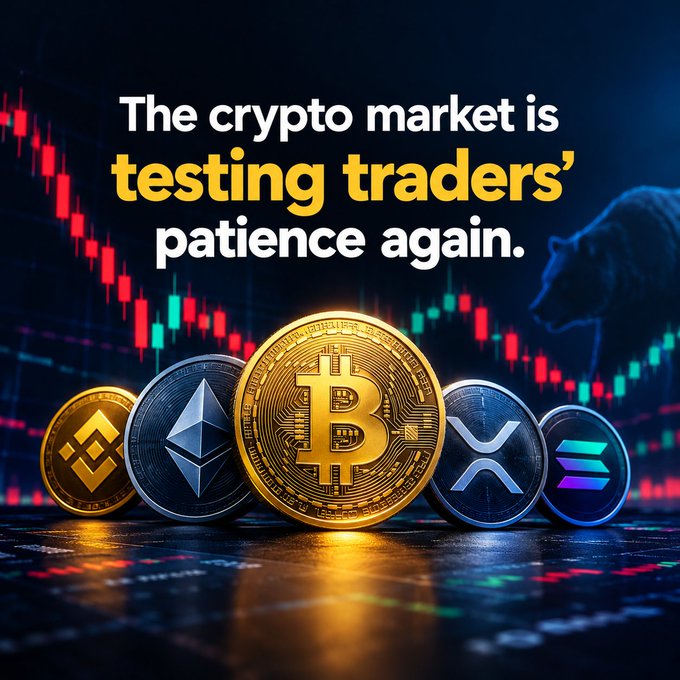 A cryptocurrency-themed graphic displaying Bitcoin, Binance, Ethereum, XRP, and Solana coins with the text 'The crypto market is testing traders' patience again.' against a bear market candlestick chart.