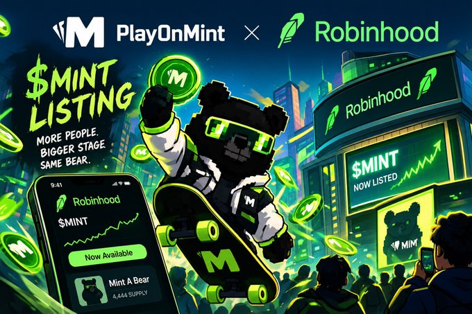 A promotional graphic announcing a $MINT listing on Robinhood, featuring a pixelated bear character in green gear skateboarding, with PlayOnMint branding and stock chart imagery.