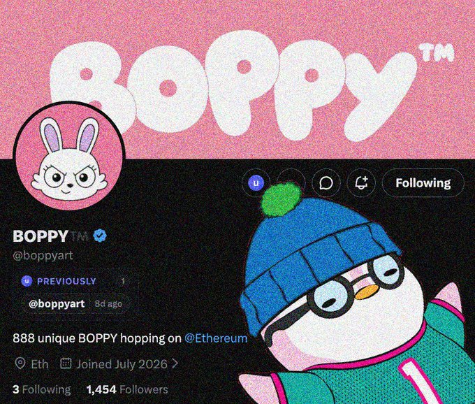 A Twitter/X profile for BOPPY (@boppyart) shows '888 unique BOPPY hopping on @Ethereum' with a cartoon character in a blue beanie.