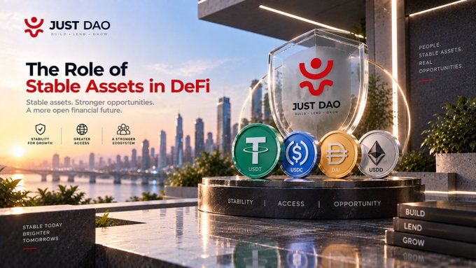 A promotional graphic for 'JUST DAO' titled 'The Role of Stable Assets in DeFi' featuring a 3D rendering of a glass shield emblem alongside cryptocurrency coins for USDT, USDC, DAI, and USDD, with tags like 'STABILITY FOR GROWTH' and 'A STRONGER DEFI ECOSYSTEM'.