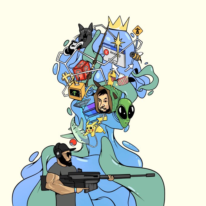 An illustration featuring a cartoon man in a cap holding a large rifle, with a towering pile of eclectic internet icons and pop culture characters behind him, including Pikachu, a bee, a crown, and an alien.