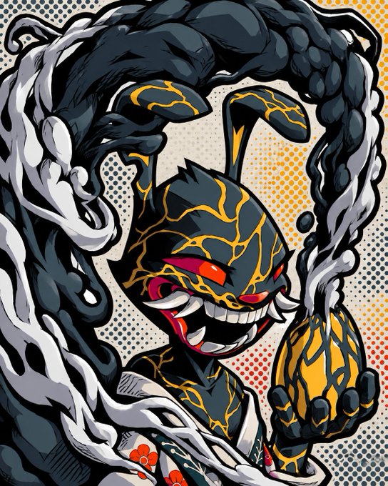 A stylized illustration shows a fierce, demonic character with cracked black-and-gold skin, glowing red eyes, and sharp fangs, clutching an egg-like orb while surrounded by swirling smoke and halftone patterns. The menacing, otherworldly creature embodies the bold, transformative energy suggested by the caption "NFTs are inevitable," framing the technology as a powerful, unstoppable force breaking into the mainstream.