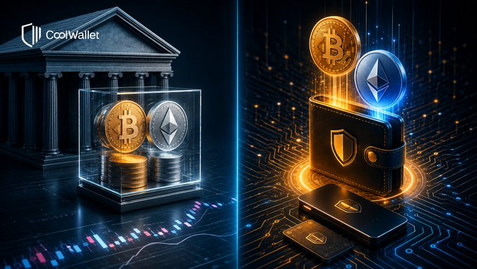 A promotional image from CoolWallet comparing traditional bank vault storage of Bitcoin and Ethereum coins with the secure CoolWallet digital wallet.