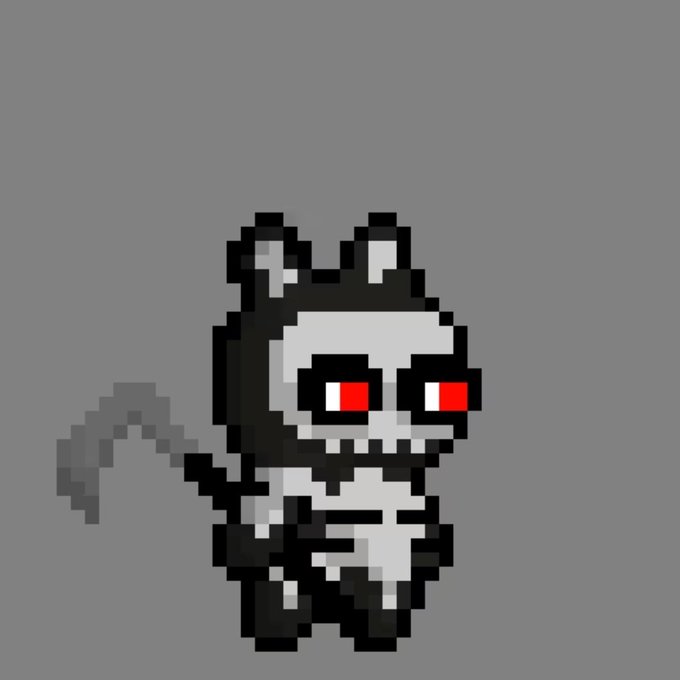 A pixel art illustration of a small skeleton-like creature with glowing red eyes and pointed ears, set against a plain gray background.