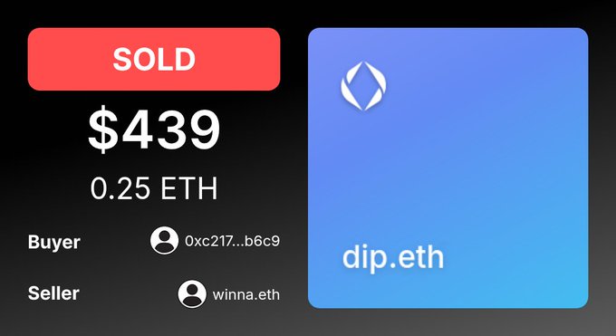 A graphic showing a sold badge for the ENS domain "dip.eth" at $439 (0.25 ETH), identifying the buyer as wallet 0xc217...b6c9 and the seller as winna.eth, which matches the provided details of the recent domain sale on grails.app.