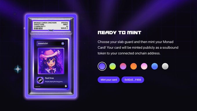 The image displays a "Ready to Mint" interface for a Monad Card #10000 on the Monad Community, featuring a "Real Ones" NFT card with a character wearing a pink cowboy hat. The connection to the post about "Number 10k for the chain with 10k TPS" relates to the visible card serial number #10000, suggesting the user has minted exactly the 10,000th card as a lucky omen.
