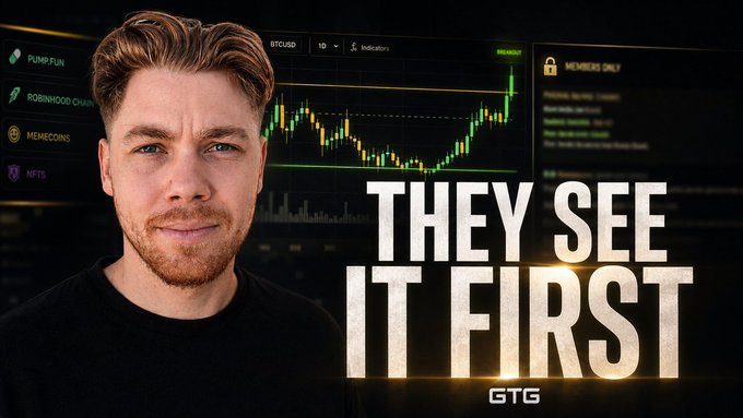 A young man appears alongside a cryptocurrency trading chart showing BTCUSD price movements, with menu options like "PUMP FUN," "ROBINHOOD CHAIN," and "MEMECOINS" visible on the left side. Bold text reads "THEY SEE IT FIRST" above a "GTG" watermark, promoting a YouTube video about gaining a crypto trading edge.