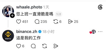 A social media post where user 'whaale.photo' asks if someone is always running away from work, and 'binance.zh' replies 'This is my job'.