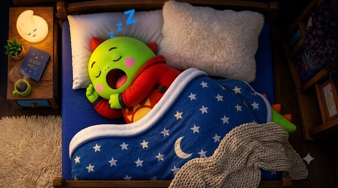 A 3D-rendered illustration of a small green dinosaur sleeping in a red shirt under a star-patterned blanket, with 'Z's floating above its head and a 'SLEEP WELL' book on the nightstand.