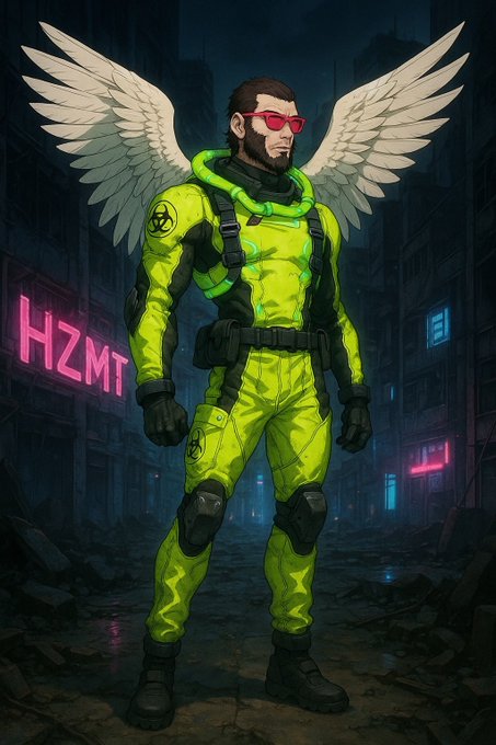 Digital illustration of a Hazmat-suited character with angel wings and red sunglasses standing in a neon-lit cyberpunk cityscape with 'HZMT' text.