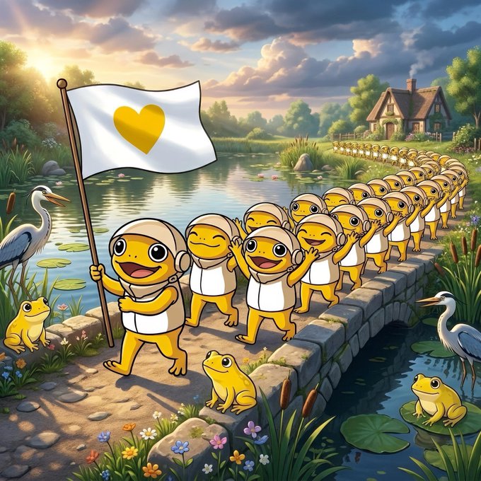 A whimsical illustration shows a parade of yellow frog-like characters wearing bonnets marching across a stone bridge, led by one carrying a flag with a yellow heart, accompanied by herons and frogs in a scenic landscape.
