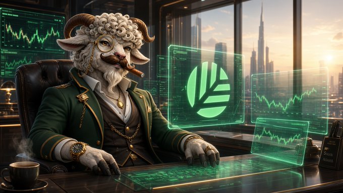 An illustration of an anthropomorphic sheep with curly white wool, a mustache, glasses, and a green suit, sitting at a desk with cigar-smoking and analyzing green holographic stock charts, including one with a leaf logo.