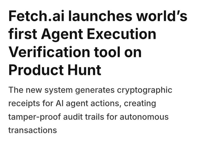 The title of the post is "FET.ai Launches World's First Agent Execution Verification Tool On Product Hunt". The post focuses on AI technology, specifically a tool used for verifying agent actions within an execution process (first-agent execution verification tool). This technology can help detect and prevent unauthorized actions in product development processes. The image shows a screenshot of the post with relevant text and a logo indicating the topic or service being discussed.