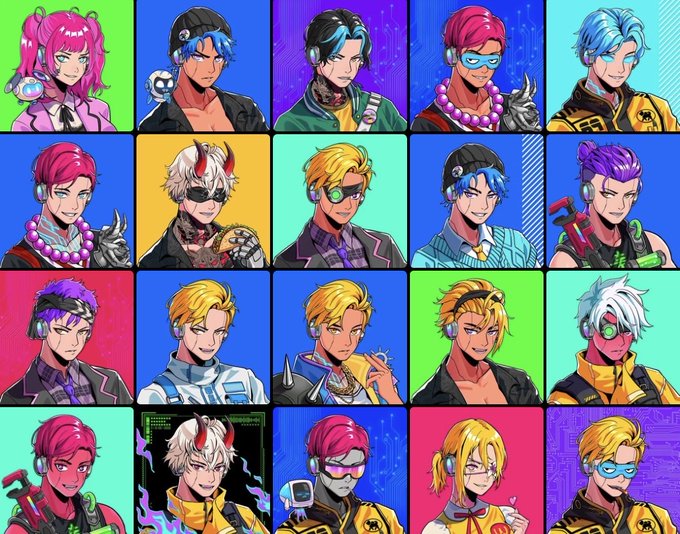 A grid of 20 stylized anime-style character portraits featuring various characters with colorful hair and modern clothing against bright, solid-colored backgrounds.