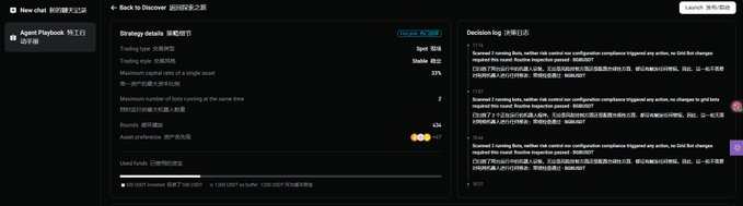 The image shows an Agent Playbook “网格交易” (grid trading) strategy alongside a decision log, configured for a trading pair with prices around 62,000 and a 63% stage completion rate. It illustrates how grid trading can repeatedly buy low and sell high when the market, as noted in the post, chops between roughly 62,000 and 67,000 without a clear trend.