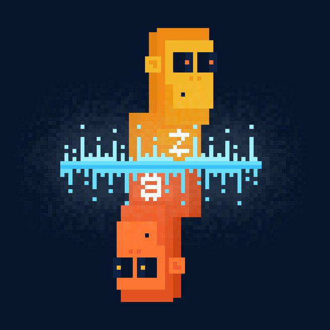 Pixel art of two orange figures wearing sunglasses with Chinese characters '字' and '自' on them, separated by a blue audio waveform resembling the Bitcoin logo.
