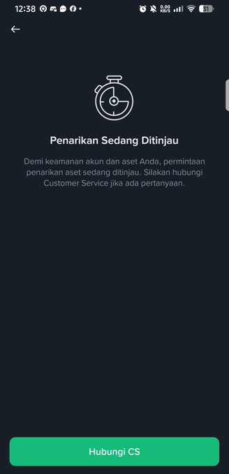 A mobile app screenshot in Indonesian showing a "Penarikan Sedang Ditinjau" (Withdrawal Under Review) message with a timer icon, advising users to contact Customer Service for any questions, with a green "Hubungi CS" (Contact CS) button at the bottom—illustrating the user's frustration with Tokocrypto's complicated withdrawal process.