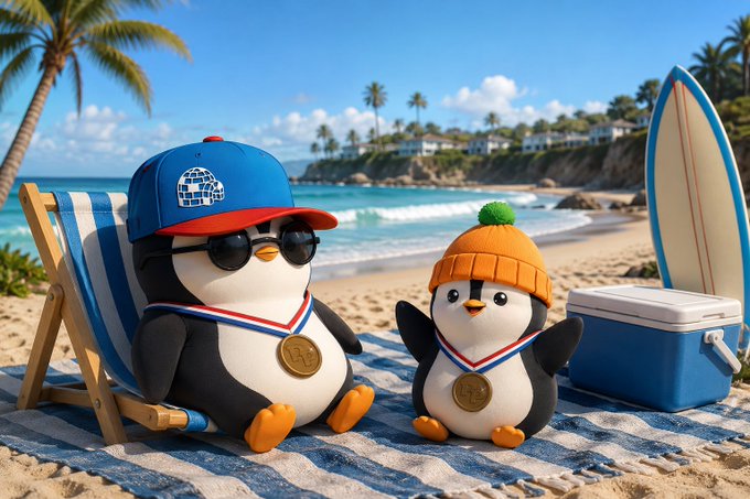 Whimsical 3D-rendered scene of two penguins wearing medals relaxing on a beach—one in a blue cap and sunglasses on a striped beach chair, the other in an orange knit hat—next to a surfboard and cooler.