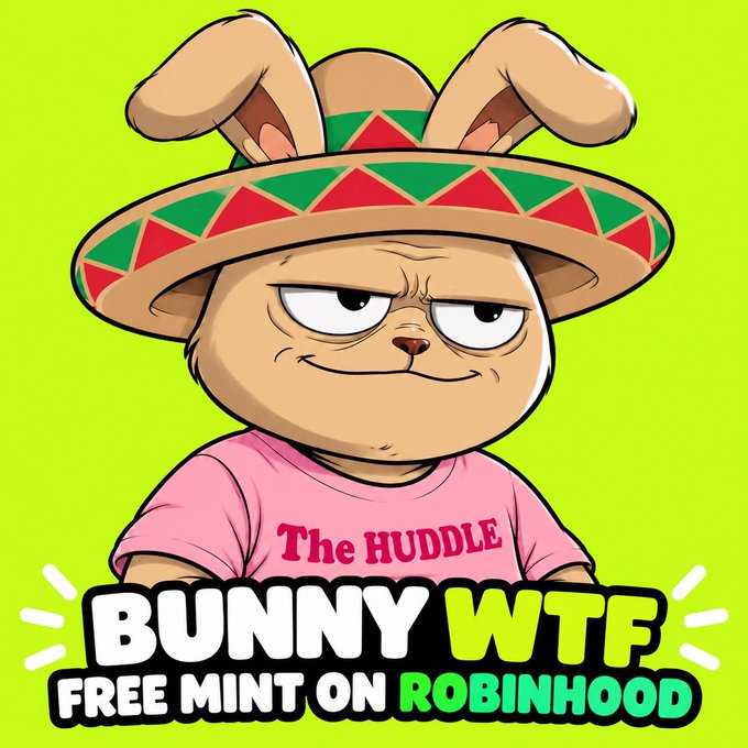 Cartoon bunny character wearing a sombrero and pink "The HUDDLE" shirt, with text "BUNNY WTF FREE MINT ON ROBINHOOD" on a green background.