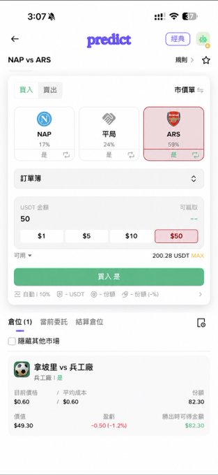 A mobile screenshot of the 'predict' app showing a betting market for a NAP vs ARS match, with ARS leading at 59% market probability and a $50 bet amount selected.