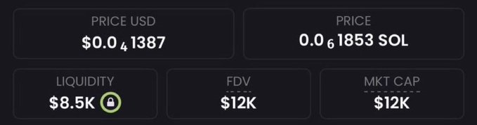 A cryptocurrency stats panel shows a token trading at $0.041387 USD (0.000001853 SOL) with $8.5K liquidity, $12K FDV, and a $12K market cap—visually representing the $12K low-cap micro-token referenced in the post, which promises potential 1000x returns to holders who engage with the tweet.