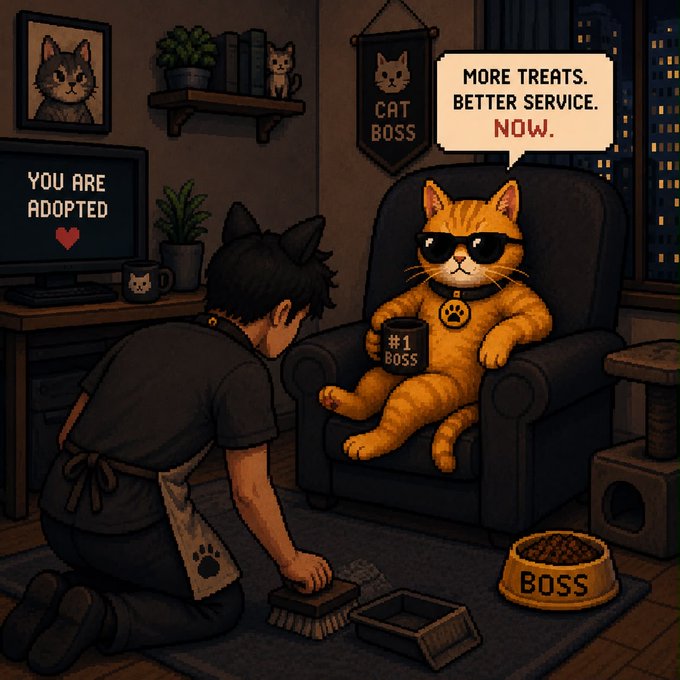 A cartoon depicting a cat wearing sunglasses sitting in a chair as 'CAT BOSS' demanding 'MORE TREATS. BETTER SERVICE. NOW.' from a kneeling human cleaner, with a monitor displaying 'YOU ARE ADOPTED'.