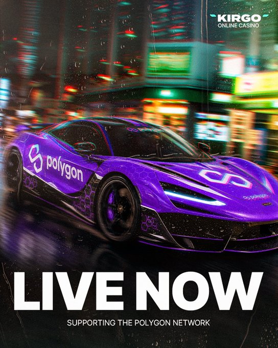 A promotional advertisement for Kirgo Online Casino featuring a purple McLaren sports car with 'Polygon' branding, neon city lights in the background, and 'LIVE NOW - SUPPORTING THE POLYGON NETWORK' text.