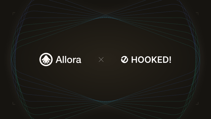Dark announcement graphic featuring the logos for 'Allora' and 'HOOKED!' separated by an 'X', surrounded by blue wave-like lines on a black background.