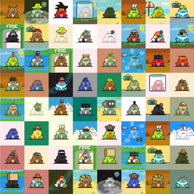 A grid of 64 pixel-art frog avatars with various accessories, hats, and backgrounds, some labeled "FROG," satirizes the staking announcement by humorously illustrating the "nothing" stakers will receive.