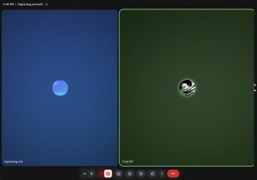 A Zoom meeting interface displaying two participants, with one labeled 'Ongoing thing' showing a blue avatar and another labeled 'Copy bot' showing a green avatar on a dark green background.