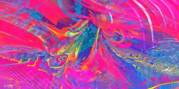 An abstract digital artwork with swirling, psychedelic patterns in vibrant pink, magenta, teal, and yellow hues creating a fluid, marbled effect.