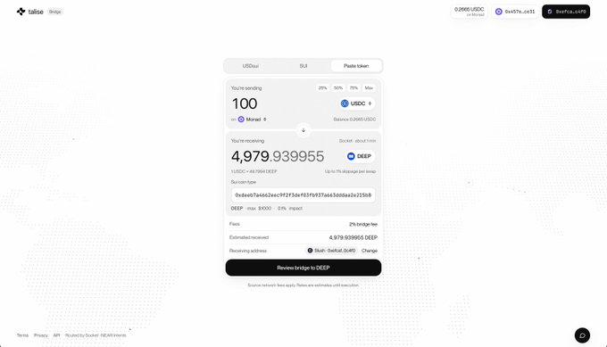 A minimalist desktop webpage branded “false” shows a central stablecoin deposit panel with USD 100, SLB, and Pirate token tabs, along with USDT and DEEP deposit details and a black “Receive bridge to DEEP” button.