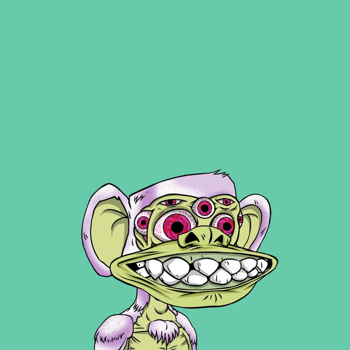 A cartoon illustration of a bizarre, multi-eyed creature with a wide, toothy grin and large ears, set against a solid green background.