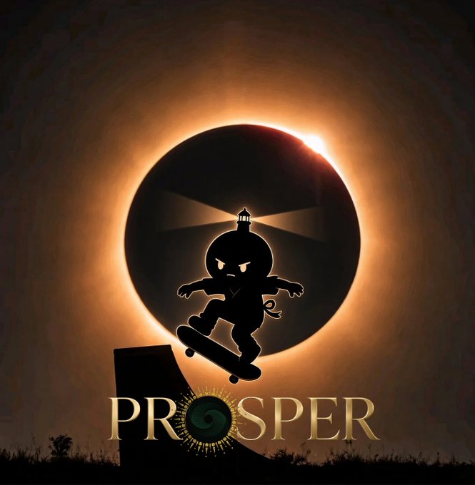 A silhouette of an angry character with a mohawk skull emblem riding a skateboard is set against a glowing solar eclipse backdrop, with the gold text 'PROSPER' displayed at the bottom.