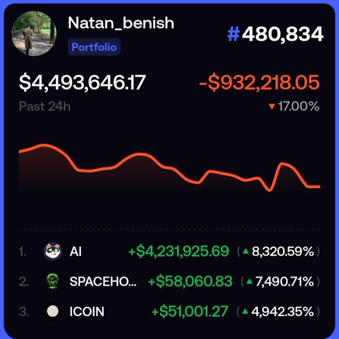 A screenshot of a crypto portfolio tracker on the FOMO app showing user "Natan_benish" ranked #480,834 with a portfolio value of $4,493,646.17 but a -17.00% loss (-$932,218.05) over the past 24 hours, with top holdings in AI, SPACEHO, and ICOIN all showing massive gains of 4,000-8,000%. The image illustrates the post's point about revealing the true nature of meme coin trading—despite holdings that show enormous percentage gains, the overall portfolio is still down significantly in dollar terms.