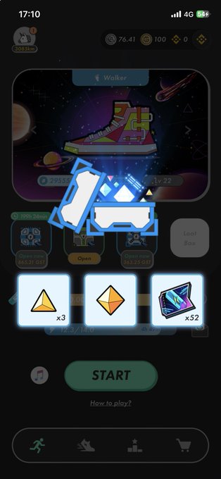 Game app screen showing sneakers as loot box rewards with 'Walker' boot item, including 3 gems, 1 token, and x32 crystals, with a green 'START' button.
