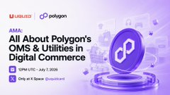 The image is a promotional graphic for an AMA titled "All About Polygon's OMS & Utilities in Digital Commerce," hosted by Uquid in collaboration with Polygon, scheduled for 2PM UTC on July 7, 2025, and broadcast via X Space. It features the Uquid and Polygon logos alongside hexagonal polygon-shaped graphics, aligning with the X Space announcement for the event.