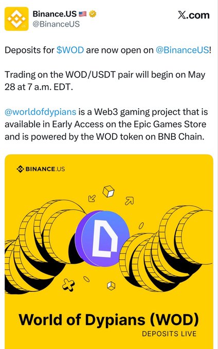 "The picture shows a white text banner with a blue logo in yellow and black colors that says 'World of Dypians (WOD)'. The image also has an accompanying text below which states, 'Big move for $WOD From building quietly to landing on @BinanceUS @worldofdypians already has real traction through gaming, ecosystem activity, and 1B+ transactions powered by WOD Most GameFi projects are still chasing users WOD is scaling distribution now'. Focus on what the image is showing."