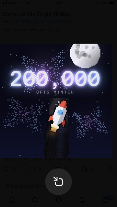 The image is a screenshot of an OpenSea promotional post from @quipnetwork announcing that their QFTS collection has reached 200,000 minted, displayed with pixel-art rocket and moon graphics on a dark space background. The Vietnamese caption at the top states the campaign ends in 24 hours, matching the post's message about the approaching deadline.