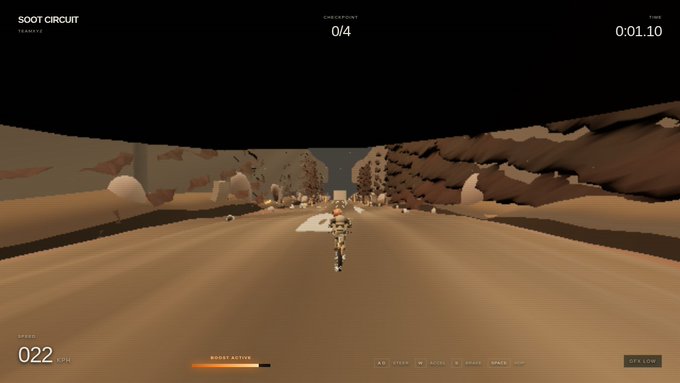 A screenshot from a video game titled "SOOT CIRCUIT" showing a cyclist riding through a desert canyon environment, with a checkpoint counter at 0/4 and a time of 0:01.10.