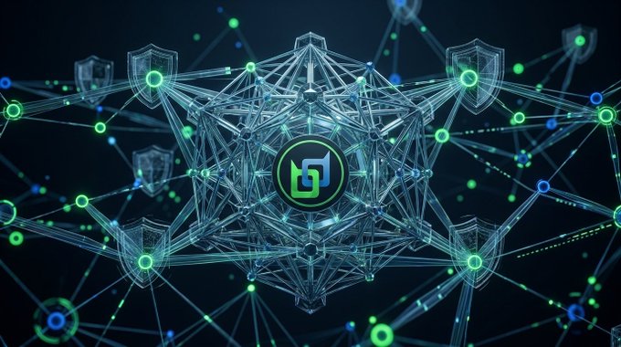 A futuristic digital network graphic displays the Beldex "BDX" logo encircled in green at the center of a glowing polygonal structure, surrounded by interconnected nodes and translucent shield icons symbolizing privacy and security. The visual reinforces the post's message about Beldex building privacy directly into its Layer 1 blockchain through cryptographic protections like RingCT and stealth addresses.