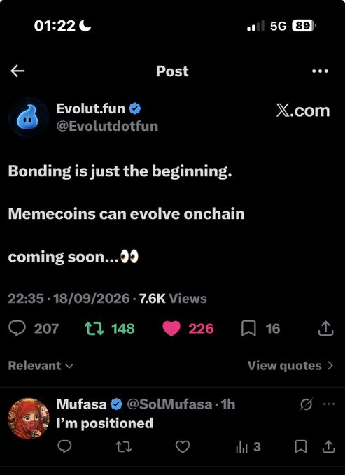 A screenshot of an X (Twitter) post from @Evolutdotfun stating 'Bonding is just the beginning. Memecoins can evolve onchain coming soon...👀' dated 18/09/2026 with 7.6K views.