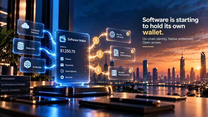 A futuristic advertisement for software wallets displays holographic panels showing services like 'Compute Services', 'Data APIs', and 'AI Models', with the text 'Software is starting to hold its own wallet. On-chain identity. Native settlement. Open access.'